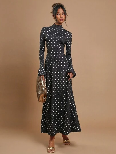 COSMINA Women's Elegant Commuter Polka Dot Flare Sleeve Midi Dress,Polka Dot Dress