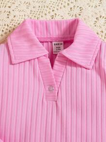 Baby Girl Collar Neckline Elegant Ribbed Top - Pink - View 4