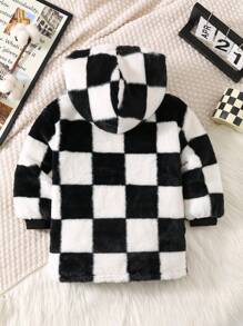 SHEIN 1 件装年轻男童休闲日常保暖双面棋盘格连帽长款棉衣，适合秋冬季通勤、上学、聚会 - 黑與白 - 查看 2