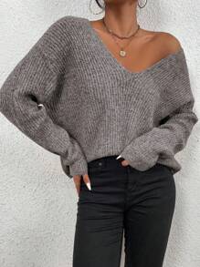 Chiquease V 领落肩罗纹针织毛衣、长袖上衣