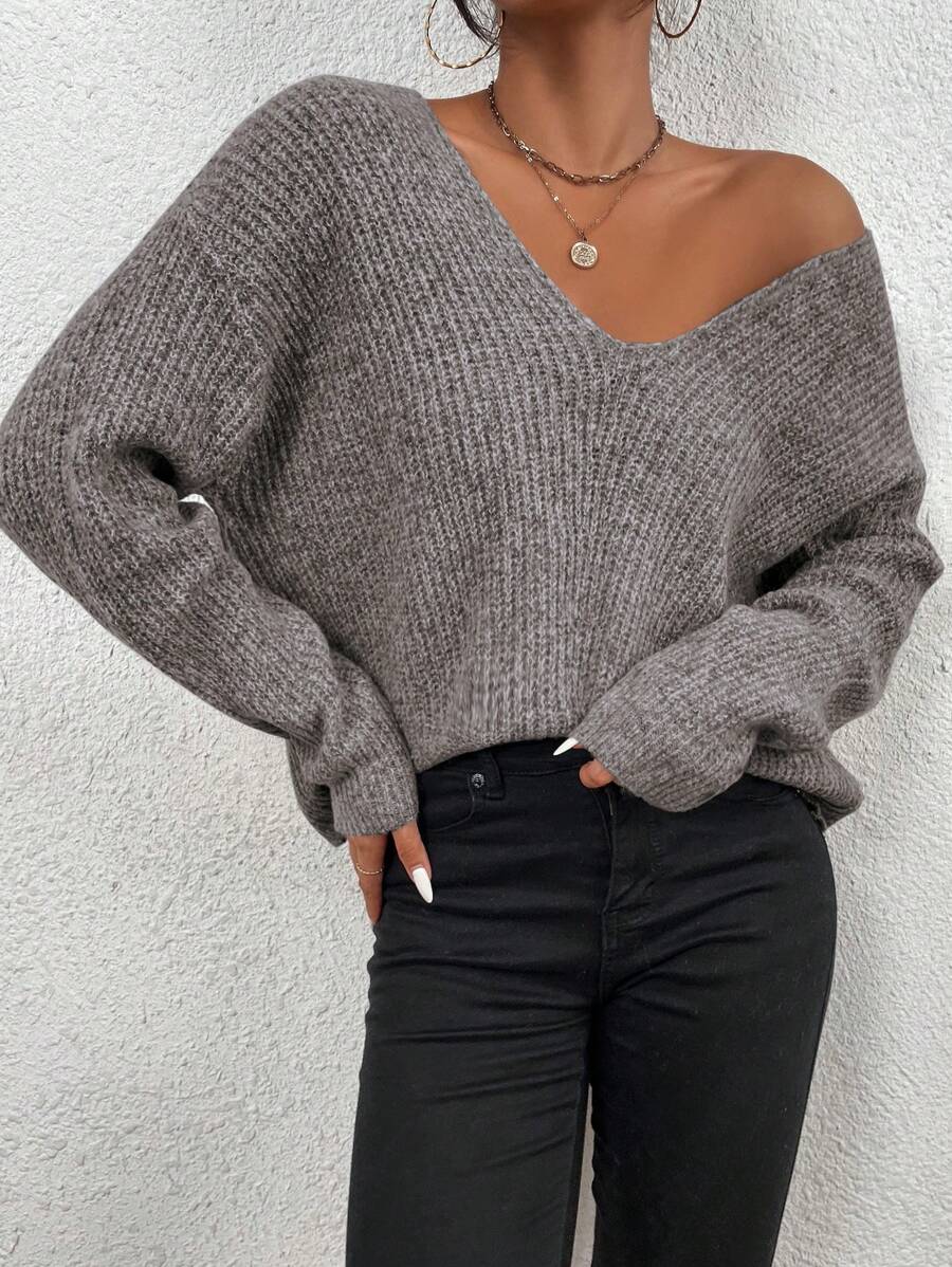 Chiquease V 领落肩罗纹针织毛衣、长袖上衣