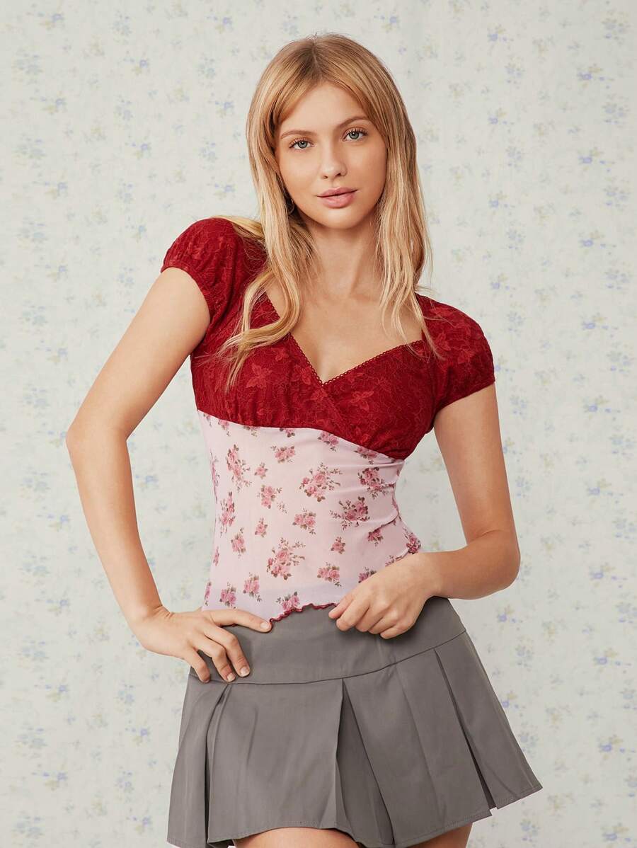 SHEIN EZwear 女士花卉印花撞色蕾丝灯笼袖优雅衬衫 - 紅色 - 查看 1