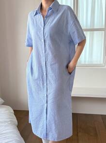 DAZY 极简条纹衬衫裙家居服睡衣 - 藍色 - 查看 5