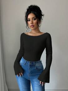 Elenzga Jersey de mujer ajustado con mangas abullonadas y hombros descubiertos, blusas de manga larga
