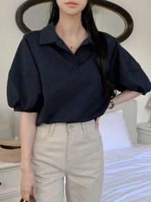 DAZY 夏季新款主教袖圆领短袖女式T恤，教师服装 - 藏蓝色 - 查看 3