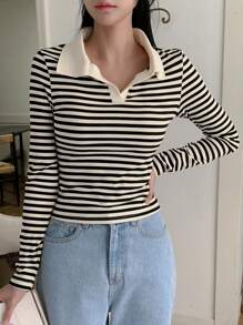 Blusa de manga larga a rayas de uso casual para mujer, para uso diario - Negro - Ver 2