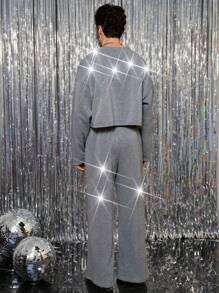 Manfinity VCAY 2Pcs Men's Knit Casual Elastic Waist Loose Long Sleeve Sweatshirt And Straight Leg Pants Set - Grey - View 3