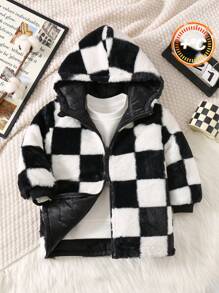 SHEIN 1 件装年轻男童休闲日常保暖双面棋盘格连帽长款棉衣，适合秋冬季通勤、上学、聚会 - 黑與白 - 查看 5