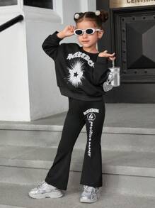 مجموعة بلوزة كاجوال كبيرة السحم بطباعة نجوم وخطوط نصوص و بنطلون محبب ذو قصة ناقسة للبنات الصغيرات بطراز جوتيك، لإطلالة عودة المدرسة الضرورية والمتعددة الاستخدامات بنمط رياضي مناسب للأمهات والبنات والشقيقات، رائعة للارتداء اليومي والكاجوال في الخريف والشتاء - الأسود - مشاهدة 1