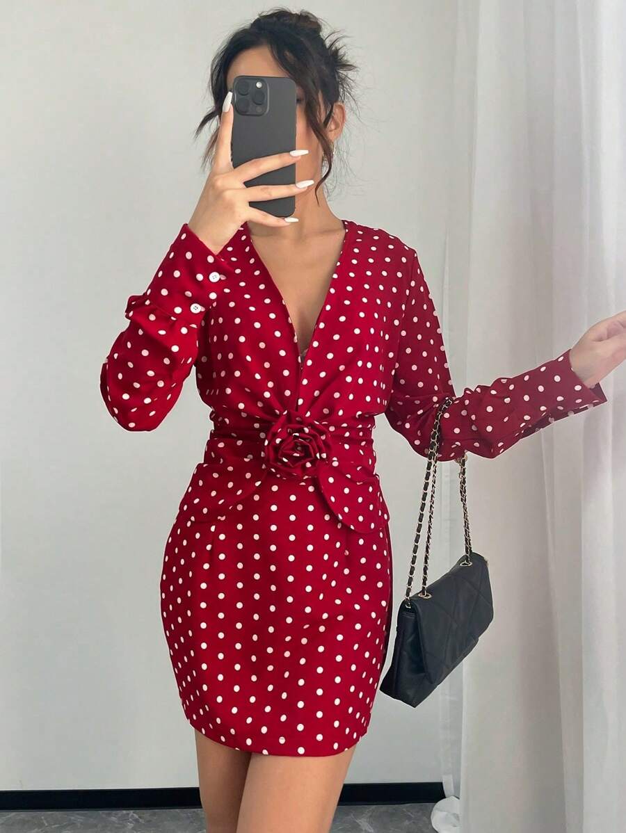 SHEIN Unity Set Atasan Lengan Panjang dan Rok Bodycon Motif Polkadot Merah Vintage dengan Dekorasi Bunga 3D untuk Musim Gugur Wanita - Burgundy - View 1