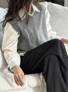 Dazy Star Jersey sin mangas de mujer con cuello en V de color liso, para primavera y otoño