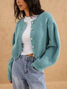 Forever 21 女士冬季服装 O 型领休闲针织开衫，冬季新款女士毛衣新年女装 - 水鴨藍 - 查看 1