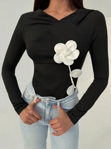 Firerie Women's Elegant Vintage Coin Pattern Asymmetric Ruched Shoulder Crew Neck Long Sleeve Fitted T-Shirt, Suitable For Commute & Vacation, Valentine's Day