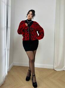 Flirla Leopard Jacquard Ribbon Tie Cardigan Sweater For New Year Clothes - Red - View 3