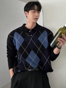 DAZY 男士休闲拼色菱形图案针织毛衣，秋冬 - 彩色 - 查看 1