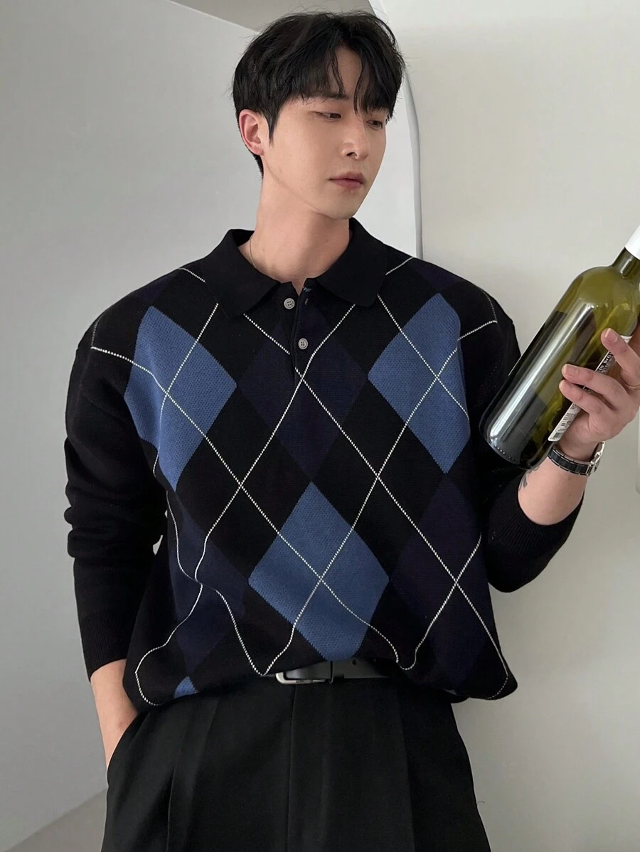 DAZY 男士休闲拼色菱形图案针织毛衣，秋冬 - 彩色 - 查看 1