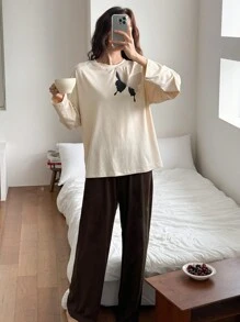 DAZY 简约蝴蝶渐变印花装饰宽松家居服两件套睡衣 - 米色 - 查看 4