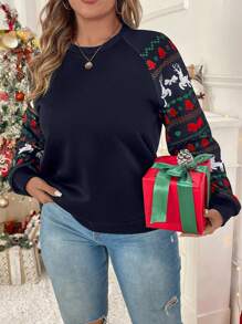 SHEIN VCAY Plus-Size Autumn And Winter Long Sleeve Warm Plus Size Christmas Print Sweatshirt, Christmas Outfit, Outing And Party Wear, Casual Clothing, Sleeve-Print Warm Sweatshirt