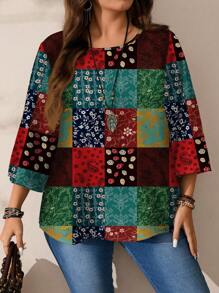 EMERY ROSE Plus Size Women Casual Patchwork Print Round Neck Loose 3/4 Sleeve Blouse, Autumn/Winter Chic Blouses For Women - Multicolor - View 4
