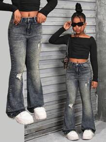 SHEIN Tween Girls Y2K Fashion Retro Stonewashed Ripped Flared Leg Jeans - Medium Wash - View 1