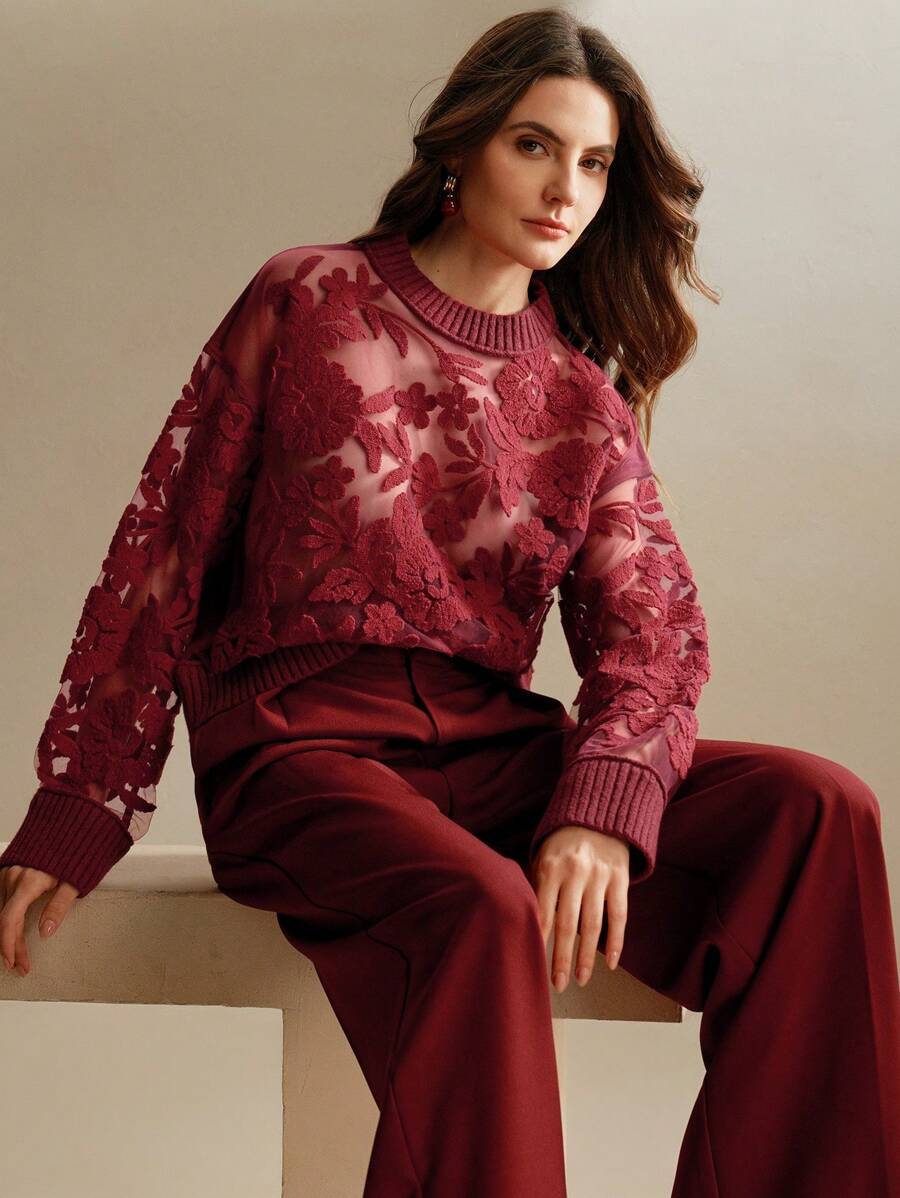 Anewsta Women's Sheer Floral Pattern Round Neck Long Sleeve Knit Sweater, Autumn/Winter Knit Pullover Fall - Burgundy - View 1