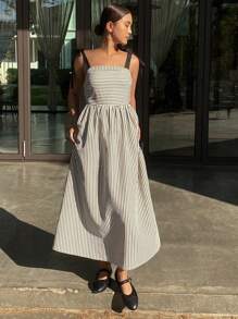 DAZY Women's Striped Sleeveless Long Loose Casual Dress Sundress - Black and White - View 4