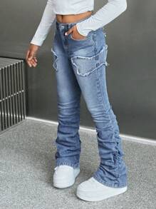 SHEIN Tween Girl Y2K Moda Fluture Mozaic cu franjuri Volană La modă Casual Versatili Blugi stivuiți