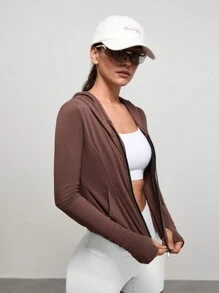 SHEIN XH050 运动/瑜伽塑身全拉链羊毛运动上衣 - 咖啡棕 - View 3