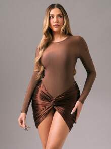 Zolique 2pcs/Set Women Solid Color Round Neck Long Sleeve Top And Casual Mini Skirt Fall Cloth For Women