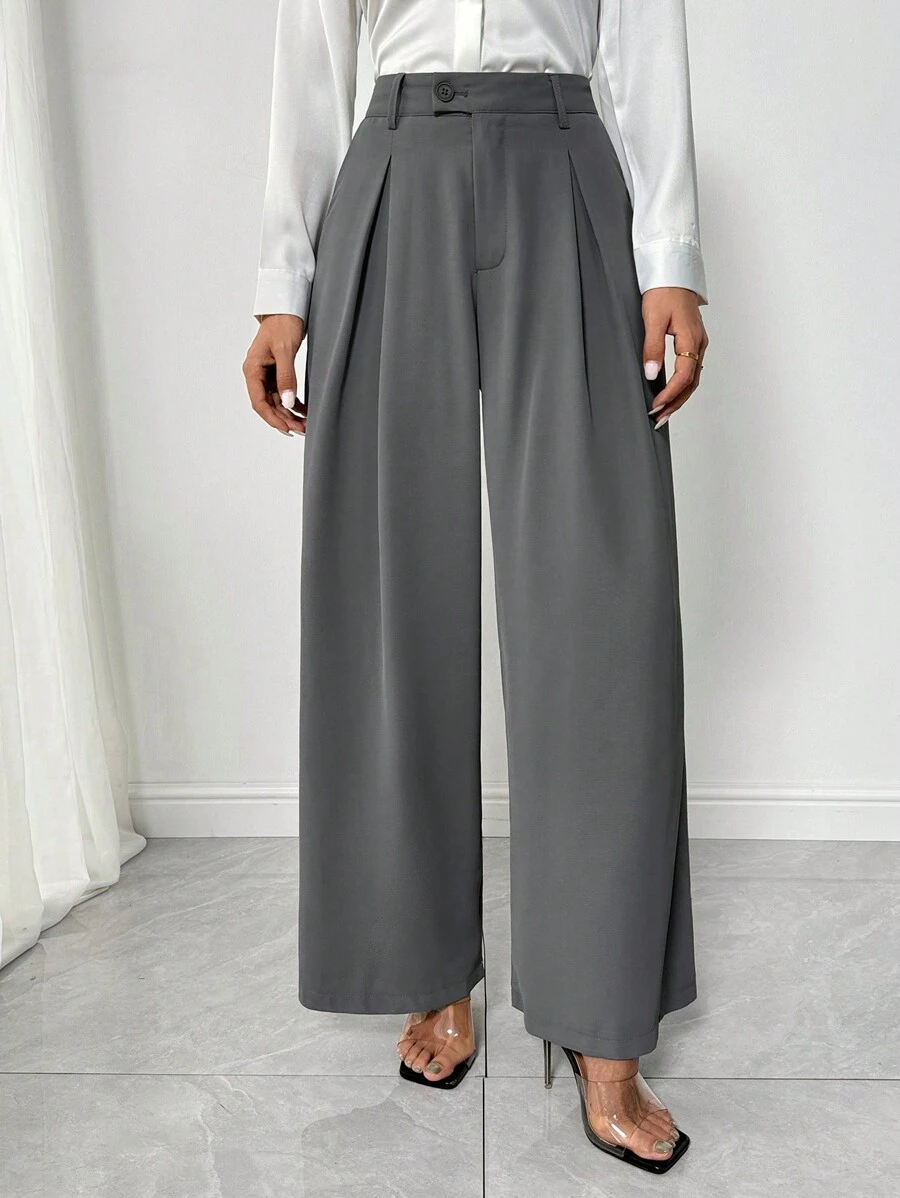 SHEIN Clasi Women's Comfortable Casual Ice Silk Straight-Leg Trousers, Suitable For All Seasons - Grey - View 1