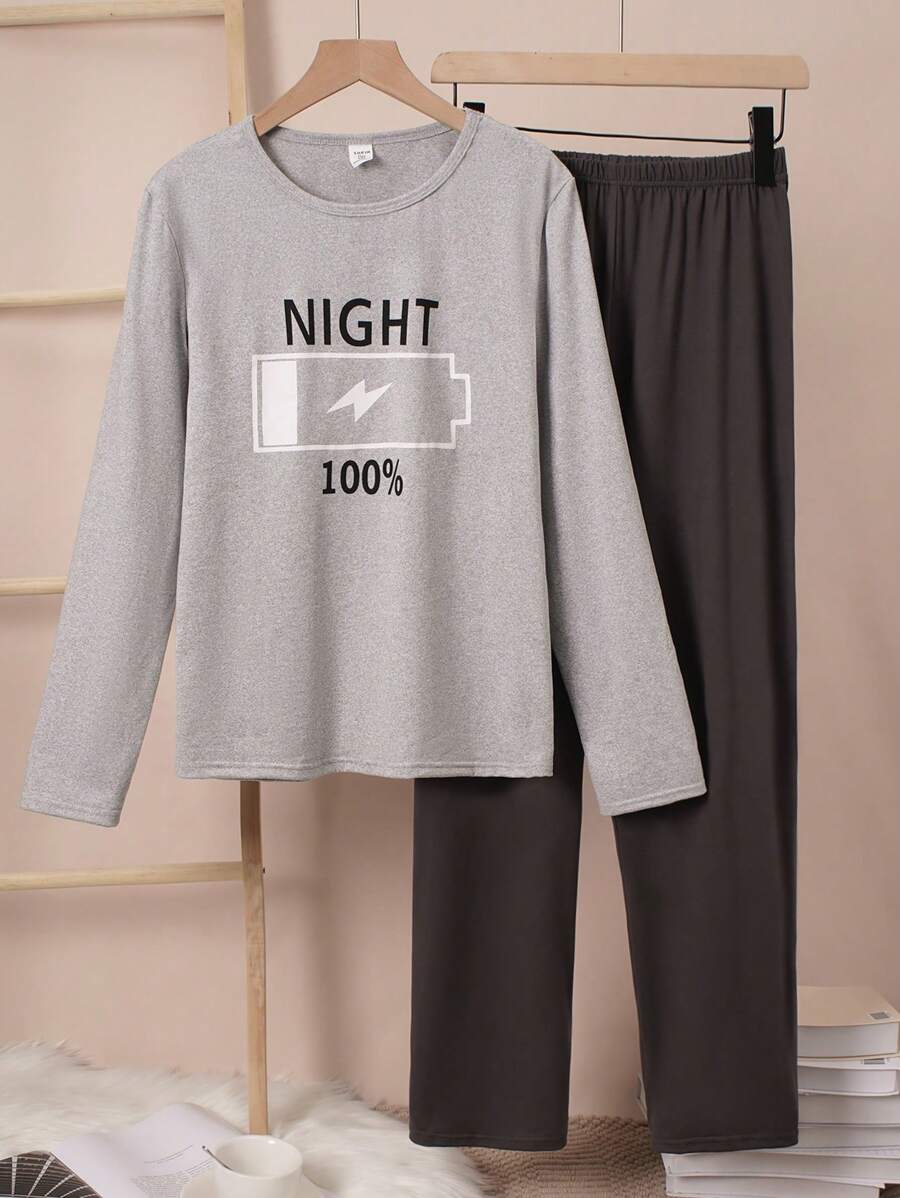 SHEIN 青少年男孩灰色字母印花胸前休闲长袖长裤套装，日常穿着的家居服 - 灰色 - 查看 1