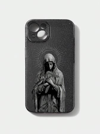 Goth 1pc Christian Style Jesus Christ & Virgin Mary Pattern Black Glitter Phone Case, Compatible With Apple IPhone 13 14 15 16
