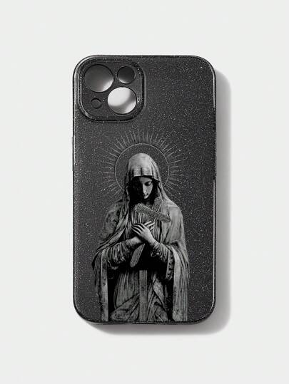 Goth 1 pièce Étui de téléphone noir à paillettes avec motif de Jésus-Christ et de la Sainte Vierge, compatible avec Apple iPhone 13 14 15 16