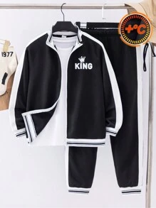 SHEIN 2 件套青少年男孩运动印花和拼布针织立领开衫长袖上衣和裤子套装，休闲装 - 黑色 - 查看 1