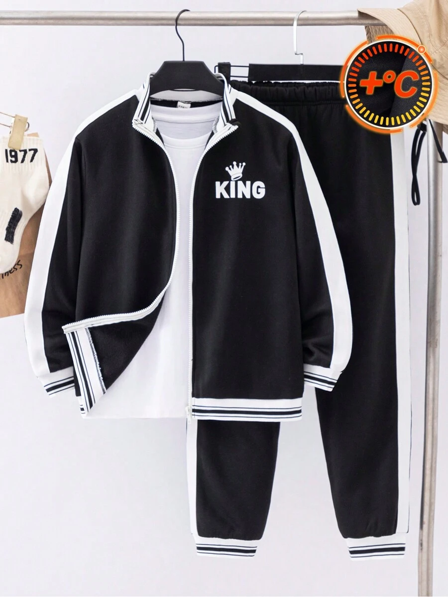 SHEIN 2 件套青少年男孩运动印花和拼布针织立领开衫长袖上衣和裤子套装，休闲装 - 黑色 - 查看 1