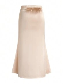 SHEIN Unity Plus Size Sexy Elastic High Waist Solid Satin Twist Slit Maxi Dress - Beige - View 2