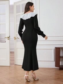 Modelyn Women's Elegant Contrast Collar Mermaid Hem Long Dress, Autumn Long Evening Dresses