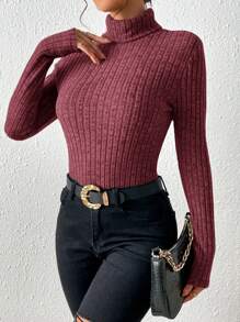 SHEIN Essnce Women High Neck Ribbed Long Sleeve Fitted T-Shirt, Solid Color, Autumn/Winter