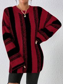 Flirla Women Round Neck Long Sleeve Simple Versatile Casual Striped Sweater