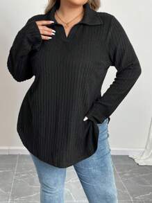 SHEIN CURVE+ Plus Size Women's Black Polo Collar Fitted Long Sleeve Casual Basic Polo Shirt-C