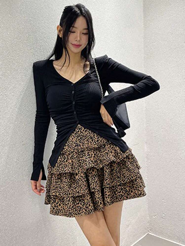 Women's Leopard Print A-Line Mini Skirt, Cake Skirt Style, Spring/Summer,Ruffle
