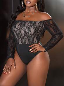 Slaydiva Plus Size Women's Solid Color Long Sleeve Casual Off Shoulder Sexy Lace Bodysuit - Black - View 3