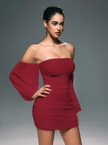 VaVaBold Vestido mini elegante y sexy de color liso, con pliegues, hombros descubiertos y espalda descubierta, ajustado