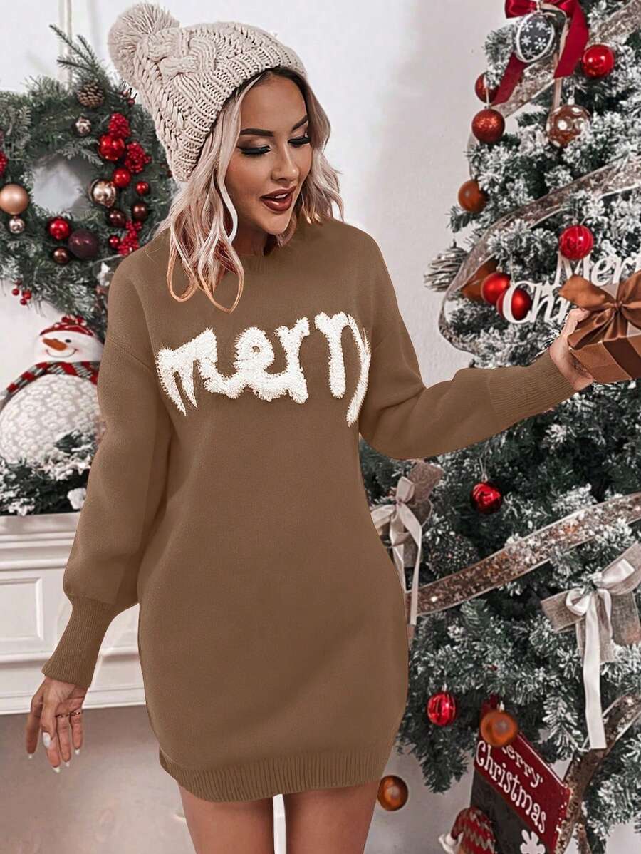 Chiquease Letter Print Crew Neck Casual Versatile Long Sleeve Sweater Dress