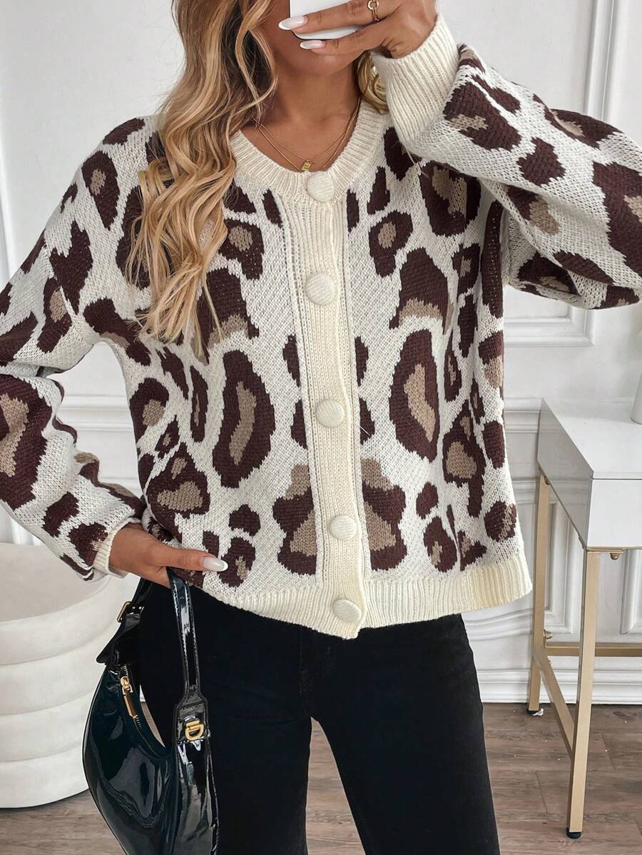 SHEIN LUNE Cárdigan de mujer de manga larga con estampado de leopardo y abotonadura sencilla, para otoño/invierno