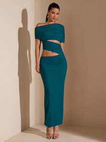 SHEIN BAE Asymmetrisches Off-Shoulder einfaches elegantes einfarbiges türkisblaues Kleid mit Raffungen, geeignet für Cocktailpartys, romantische Dates, Herbst-/Winterlayering, Partys, formelle Anlässe, Brautjungfernkleid, Abendausflüge, Cut Out - Taubenblau - Übersicht 4