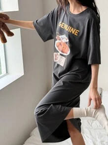 DAZY Oversized Mid-Length Nightgown With American Dessert Print