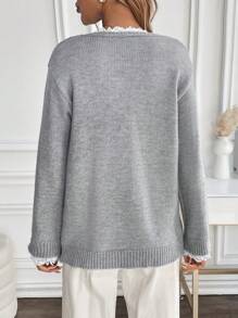 SHEIN LUNE Women's V-Neck Contrast Color Lace Trim Pullover Sweater - Grey - View 2