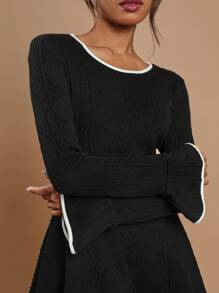 COSMINA 女式休闲拼布饰边分层下摆复古风格优雅连衣裙，秋冬款 - 黑與白 - 查看 5