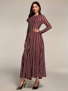 Modelyn Women's Elegant Commuter Striped Waist Dress Long Evening Dresses - Burgundy - View 6